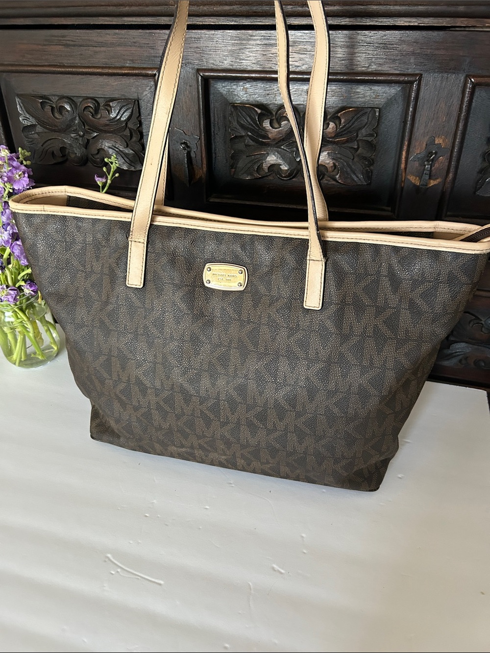 Michael Kors Brown Signature Tote with Beige Trim and Gold Plate